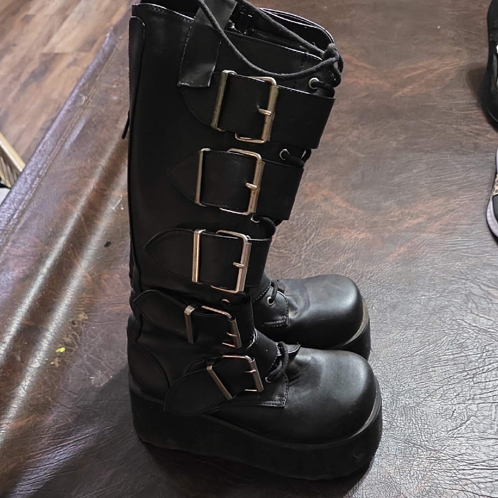 Demonia Black Lace-Up Platform Buckle Knee-High Boots
